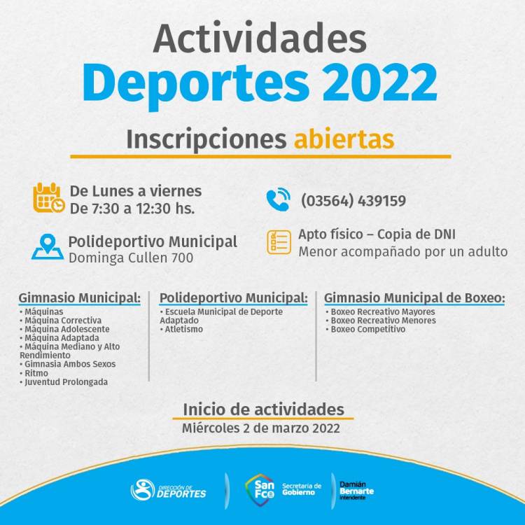 Dirección de Deportes: Ya están abiertas las inscripciones para el plan anual 2022